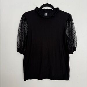 Anne Klein Black Top with Ruffled Neckline and Sheer Sleeves